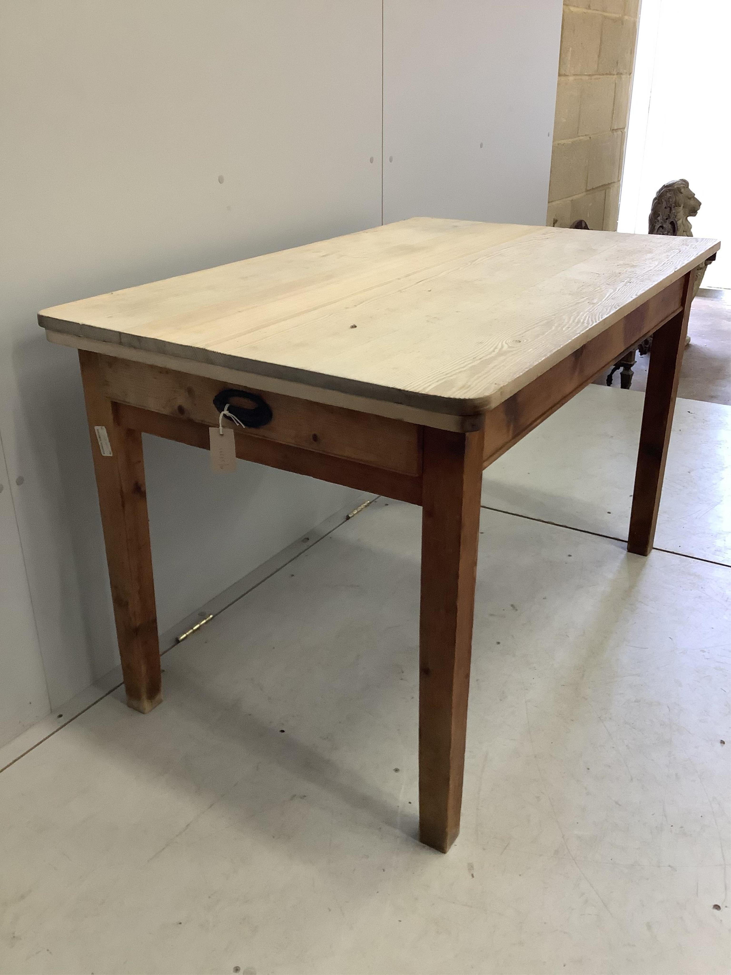 A Victorian rectangular scrubbed pine kitchen table, width 123cm, depth 76cm, height 78cm. Condition - fair